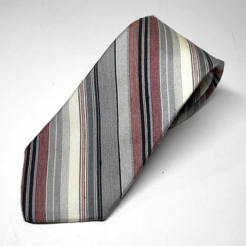 Vtg Beau Brummell Necktie Mens OS Grey Red Striped Silk Blend Italy Preppy